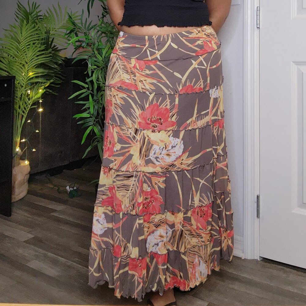 JM collection boho floral print mesh maxi skirt size S